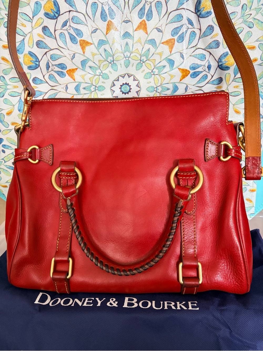 Dooney & Bourke Red Leather Shoulder Satchel with Braided Handle - Picture 3 of 8